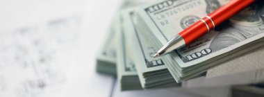 Kalemle birlikte yüklü miktarda Amerikan doları banknotları ve konut projesinin planları yakın plan. Yatırım ve inşaat projesi kavramı