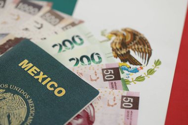 Meksika pezosu büyük miktarda para ve pasaport Meksika bayrağına yakın duruyor. Finans ve bankacılık kavramı