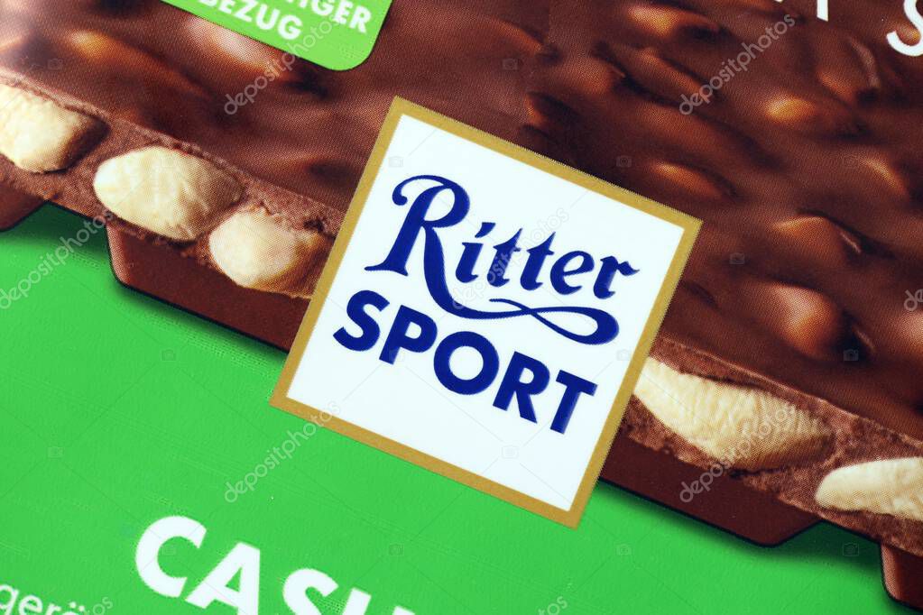 KYIV, UKRAINE - APRIL 19, 2025 Ritter Sport Logo on chocolate bar wrapping close up