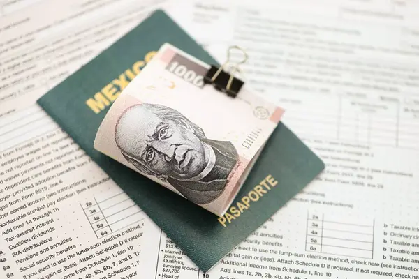 Meksika Pezosu 'nun büyük meblağlı para faturaları pasaport ve vergi formlarıyla birlikte masanın üzerinde duruyor. Maliye ve vergi ödeme kavramı