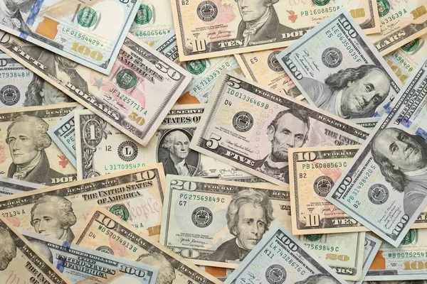 Bir yığın para. Yüz, elli, yirmi, on, beş dolarlık banknot. Yakın görüş.