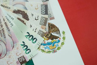 Meksika pezosu faturaları Meksika bayrağına yakın duruyor. Finans ve bankacılık kavramı