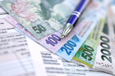 Arjantin pezosu büyük miktarlarda para masasında duruyor. Kalem ve vergi formları da yakında. Finans ve bankacılık kavramı