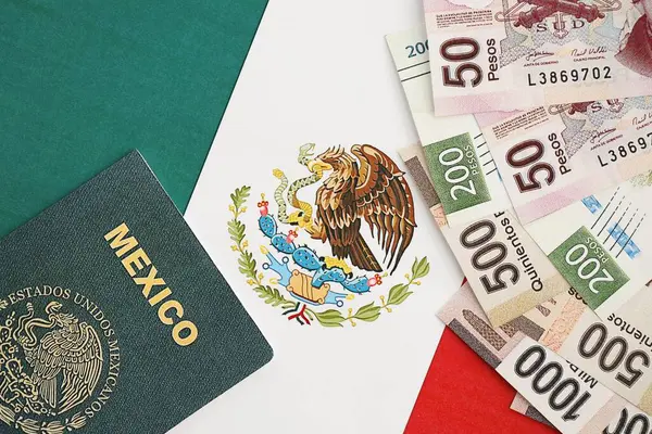 Meksika pezosu büyük miktarda para ve pasaport Meksika bayrağına yakın duruyor. Finans ve bankacılık kavramı