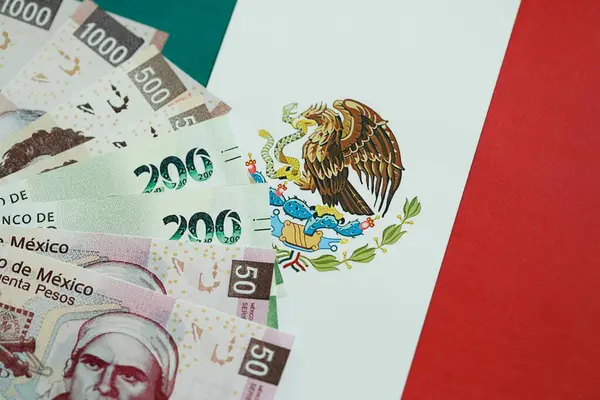 Meksika pezosu faturaları Meksika bayrağına yakın duruyor. Finans ve bankacılık kavramı