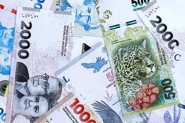 Arjantin pezosu büyük miktarlarda para beyaz masada yakın planda yatıyor. Finans ve bankacılık kavramı