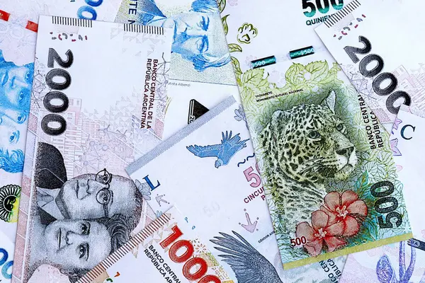 Arjantin pezosu büyük miktarlarda para beyaz masada yakın planda yatıyor. Finans ve bankacılık kavramı