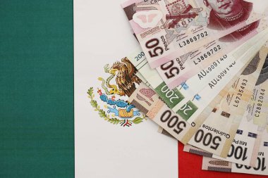 Meksika pezosu faturaları Meksika bayrağına yakın duruyor. Finans ve bankacılık kavramı