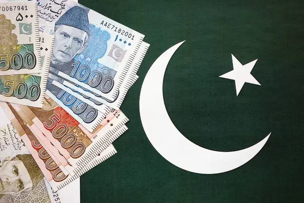 Pakistan 'ın bayrak geçmişi üzerine Pakistan banknotları. Pakistan 'ın mevcut para faturaları büyük miktarlarda pankartta yatıyor. Pakistan 'da ekonomi ve ticaret kavramı
