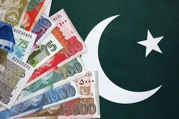 Pakistan 'ın bayrak geçmişi üzerine Pakistan banknotları. Pakistan 'ın mevcut para faturaları büyük miktarlarda pankartta yatıyor. Pakistan 'da ekonomi ve ticaret kavramı
