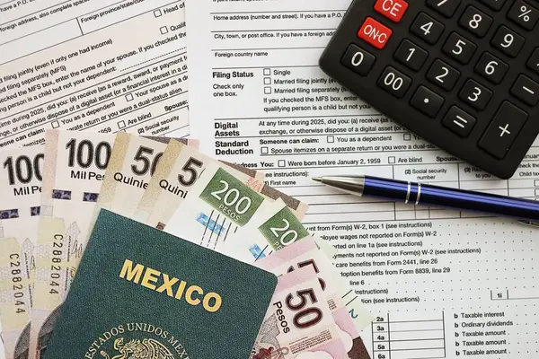Meksika pezosu para faturaları kalem, hesap makinesi, pasaport ve vergi formlarıyla dolu. Finans ve bankacılık kavramı