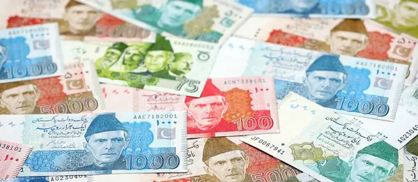 Pakistan banknotları. Pakistan 'ın mevcut para faturaları büyük miktarda masada yatıyor. Pakistan 'da iş ve yatırım kavramı