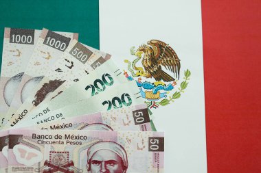 Meksika pezosu faturaları Meksika bayrağına yakın duruyor. Finans ve bankacılık kavramı