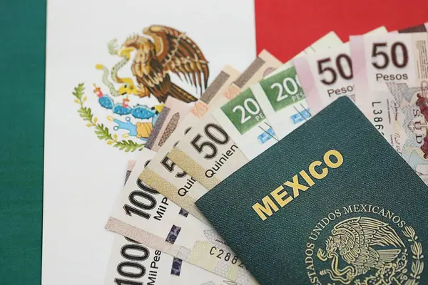 Meksika pezosu büyük miktarda para ve pasaport Meksika bayrağına yakın duruyor. Finans ve bankacılık kavramı