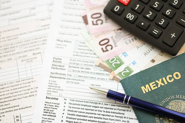 Meksika pezosu para faturaları kalem, hesap makinesi, pasaport ve vergi formlarıyla dolu. Finans ve bankacılık kavramı