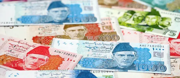 Pakistan banknotları. Pakistan 'ın mevcut para faturaları büyük miktarda masada yatıyor. Pakistan 'da iş ve yatırım kavramı