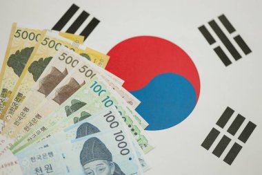 Güney Kore büyük miktarlarda para kazandı. Güney Kore bayrağına yakın duruyor. Finans ve bankacılık kavramı