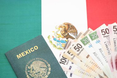 Meksika pezosu büyük miktarda para ve pasaport Meksika bayrağına yakın duruyor. Finans ve bankacılık kavramı