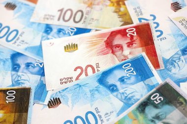 Israel New Shekels banknotları. İsrail 'in şu anki para faturaları büyük miktarda masada yatıyor. İsrail 'de iş ve yatırım kavramı