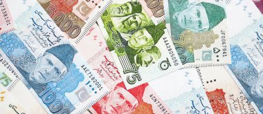 Pakistan banknotları. Pakistan 'ın mevcut para faturaları büyük miktarda masada yatıyor. Pakistan 'da iş ve yatırım kavramı