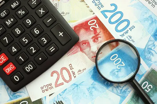 Israel New Shekels banknotları ve büyüteçle birlikte hesap makinesi. Mevcut İsrail para faturaları ve loupe ile calc büyük miktarda masada yatıyor. İsrail 'de vergilendirme ve para kavramı