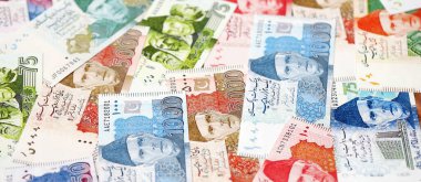 Pakistan banknotları. Pakistan 'ın mevcut para faturaları büyük miktarda masada yatıyor. Pakistan 'da iş ve yatırım kavramı
