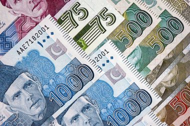 Pakistan banknotları kapanıyor. Pakistan 'ın mevcut para faturaları büyük miktarda masada yatıyor. Pakistan 'da iş ve yatırım kavramı