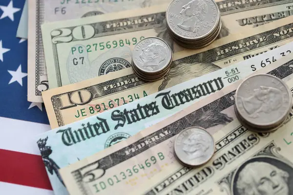 Amerikan dolarları para ve bozuk paralarla uyaran faturalar ya da Amerikan bayrağının geri ödeme çekleri. Vergi ödeme ve sigorta kavramı