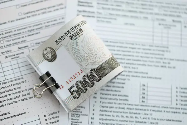 Kuzey Kore büyük miktarlarda para kazandı. Masada vergi formları var. Muhasebe ve vergilendirme kavramı