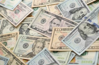Bir yığın para. Yüz, elli, yirmi, on, beş dolarlık banknot. Yakın görüş.