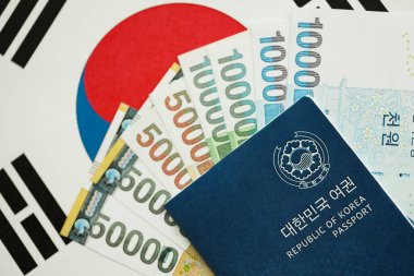 Güney Kore büyük miktarda para kazandı ve pasaport Güney Kore bayrağına yakın duruyor. Finans ve bankacılık kavramı