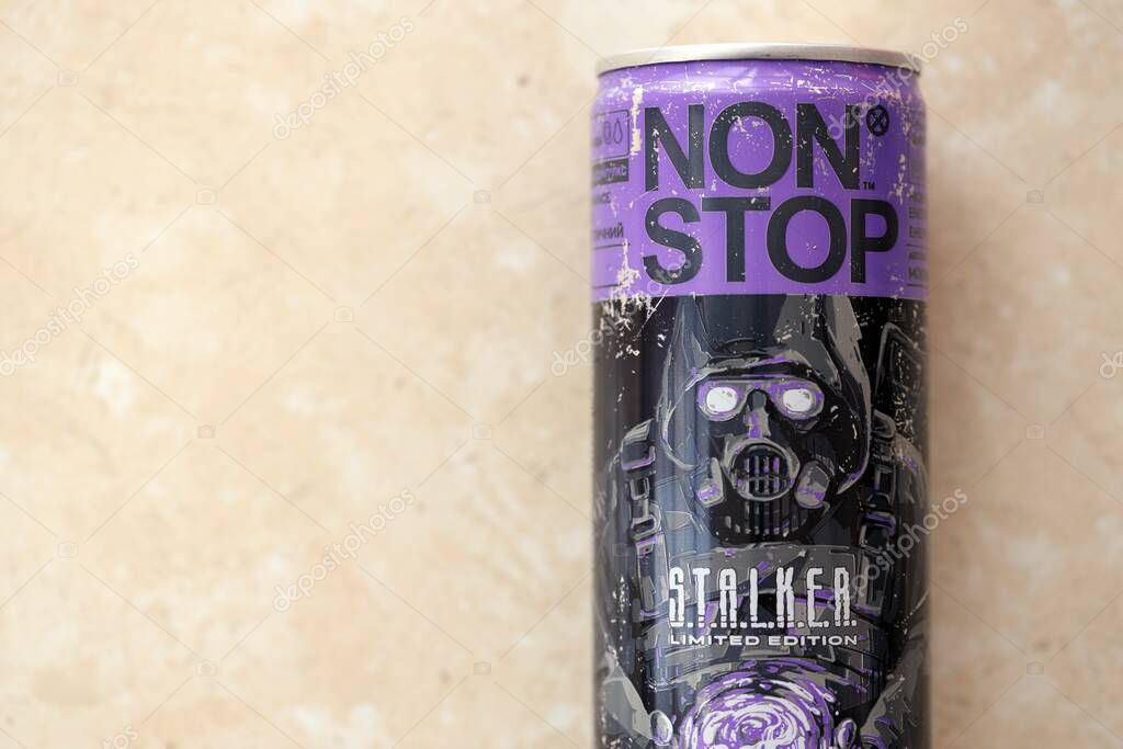 KYIV, UKRAINE - APRIL 19, 2025 Non Stop energy drink with limited edition design of Stalker and character with gas mask on aluminium can close up