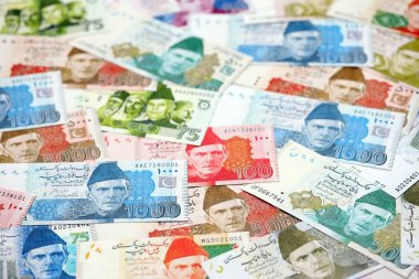 Pakistan banknotları. Pakistan 'ın mevcut para faturaları büyük miktarda masada yatıyor. Pakistan 'da iş ve yatırım kavramı
