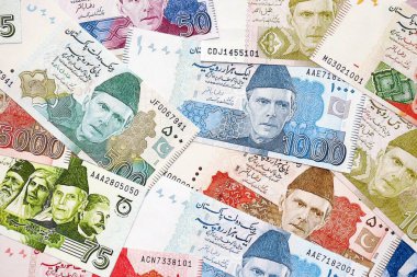 Pakistan banknotları. Pakistan 'ın mevcut para faturaları büyük miktarda masada yatıyor. Pakistan 'da iş ve yatırım kavramı