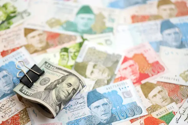 Amerikan dolarlarının rulosu Pakistan 'daki büyük miktardaki banknotların üzerinde yatıyor. Amerikan para demeti Pakistan 'ın para banknotlarında yatıyor. Pakistan 'da ekonomi ve döviz kuru kavramı