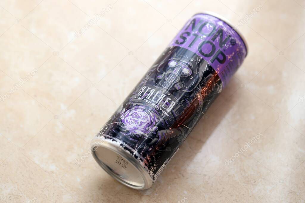 KYIV, UKRAINE - APRIL 19, 2025 Non Stop energy drink with limited edition design of Stalker and character with gas mask on aluminium can close up
