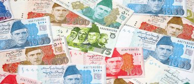 Pakistan banknotları. Pakistan 'ın mevcut para faturaları büyük miktarda masada yatıyor. Pakistan 'da iş ve yatırım kavramı