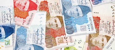 Pakistan banknotları. Pakistan 'ın mevcut para faturaları büyük miktarda masada yatıyor. Pakistan 'da iş ve yatırım kavramı