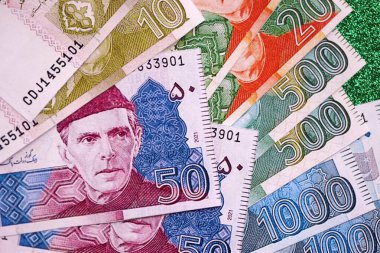 Pakistan parlayan yeşil arka planda banknotlar halinde. Pakistan 'ın mevcut para faturaları büyük miktarda masada yatıyor. Pakistan 'da iş ve yatırım kavramı