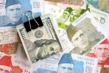 Amerikan dolarlarının rulosu Pakistan 'daki büyük miktardaki banknotların üzerinde yatıyor. Amerikan para demeti Pakistan 'ın para banknotlarında yatıyor. Pakistan 'da ekonomi ve döviz kuru kavramı