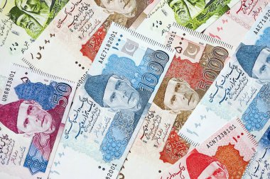 Pakistan banknotları. Pakistan 'ın mevcut para faturaları büyük miktarda masada yatıyor. Pakistan 'da iş ve yatırım kavramı