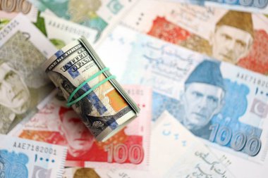 Amerikan dolarlarının rulosu Pakistan 'daki büyük miktardaki banknotların üzerinde yatıyor. Amerikan para demeti Pakistan 'ın para banknotlarında yatıyor. Pakistan 'da ekonomi ve döviz kuru kavramı