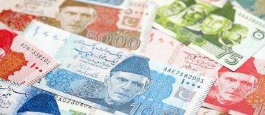Pakistan banknotları. Pakistan 'ın mevcut para faturaları büyük miktarda masada yatıyor. Pakistan 'da iş ve yatırım kavramı