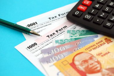 Nijerya naira para faturaları ve vergi formlu hesap makinesi. Vergi ve muhasebe kavramı