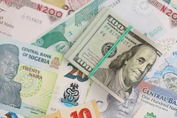 Nijerya naira para birimi faturaları ve biz dolar banknotları yakın çekim. Ekonomi ve döviz kuru kavramı