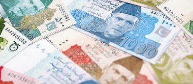 Pakistan banknotları. Pakistan 'ın mevcut para faturaları büyük miktarda masada yatıyor. Pakistan 'da iş ve yatırım kavramı
