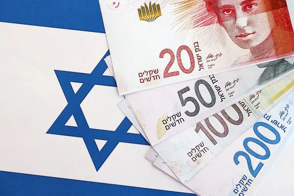 Israel New Shekels banknotları ulusal bayrak üzerinde. İsrail 'in şu anki para faturaları büyük oranda bayrağın üzerinde yatıyor. İsrail 'de iş ve yatırım kavramı