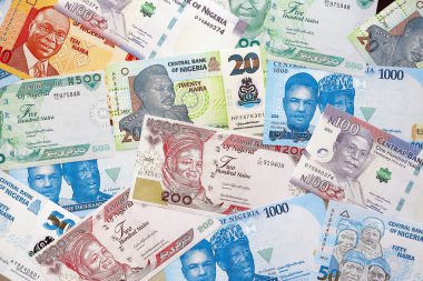 Nijerya naira para birimi faturaları. Mevcut banknotlar masanın üzerinde büyük miktarda yatıyor.