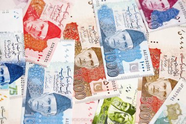 Pakistan banknotları. Pakistan 'ın mevcut para faturaları büyük miktarda masada yatıyor. Pakistan 'da iş ve yatırım kavramı