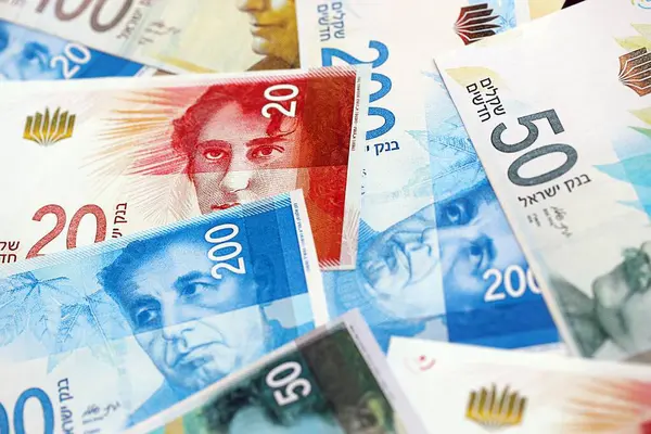 Israel New Shekels banknotları. İsrail 'in şu anki para faturaları büyük miktarda masada yatıyor. İsrail 'de iş ve yatırım kavramı